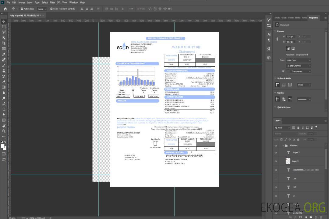 Modèle de facture de services publics des États-Unis, Californie, Santa Clarita Water Division (SCWD) aux formats Word et PDF template